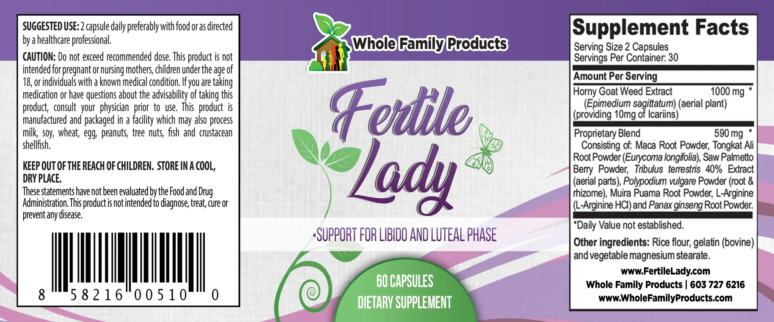 Fertile Lady Female Libido Booster 2 Fertile Lady female libido booster label with herbal fertility support ingredients like maca ginseng and horny goat weed for women’s reproductive wellness