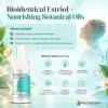 Bioidentical estriol oil infographic highlighting estrogen support during hormonal changes, menopause symptoms, and vaginal dryness