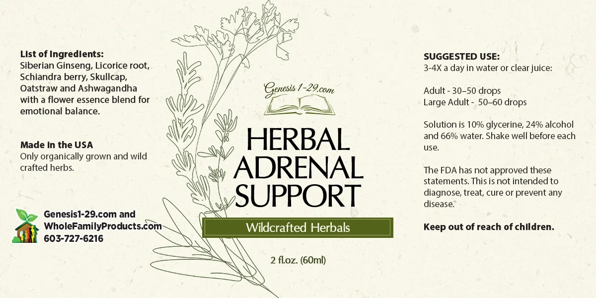 Herbal Adrenal Support 2 Discover Wildcrafted Herbal Adrenal Support 2 fl. oz tincture with Ashwagandha, Ginseng, and Licorice. Made in USA with organic, wildcrafted herbs.