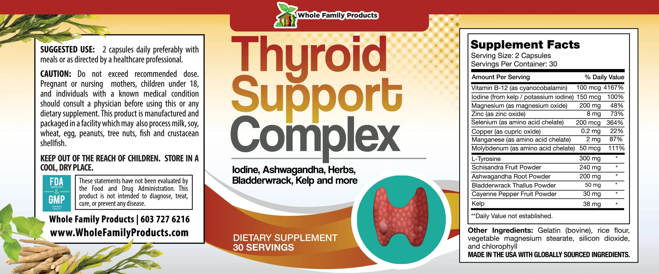Thyroid Support Complex Supplement for Energy & Vitality 2 Thyroid Support Complex supplement label featuring a blend of vitamins, minerals, herbs, and sea-based ingredients for energy and thyroid wellness support.