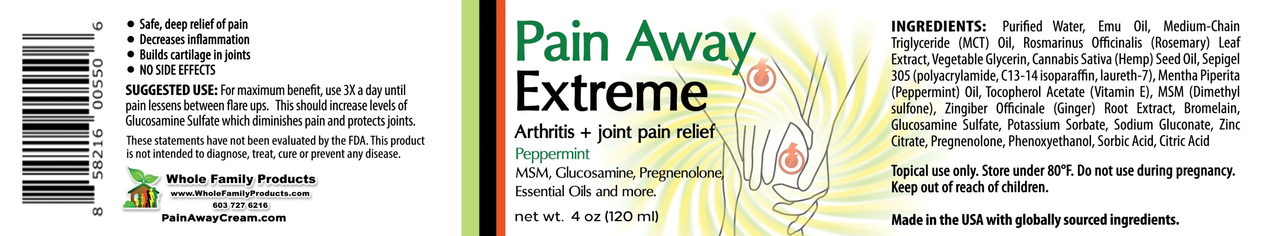 Pain Away Cream 8 Pain Away Extreme topical cream label showing ingredients, directions, and arthritis and joint pain relief product details.