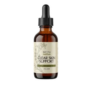 Amber glass dropper bottle of Wildcrafted Herbal Clear Skin Support supplement (2 fl oz) with botanical label illustration.