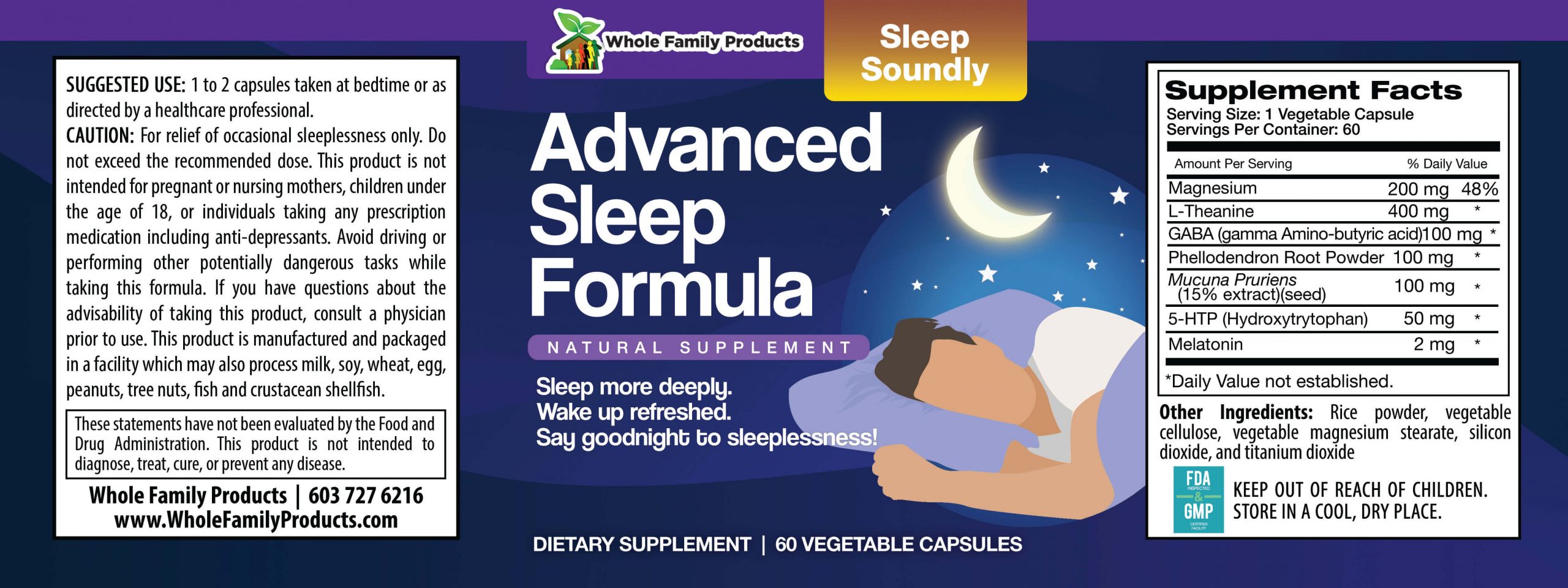 Advanced Sleep Formula Magnesium, L-Theanine, Gaba, 5-HTP, Melatonin and More 3 Advanced Sleep Formula 60ct WFP Product Label