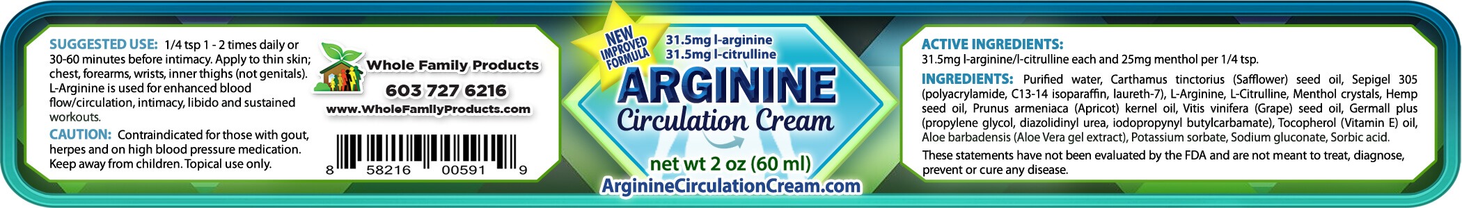Arginine Circulation Nitric Oxide Libido and Nerve Pain Cream 4 Arginine Circulation Cream Product Label 2oz Jar