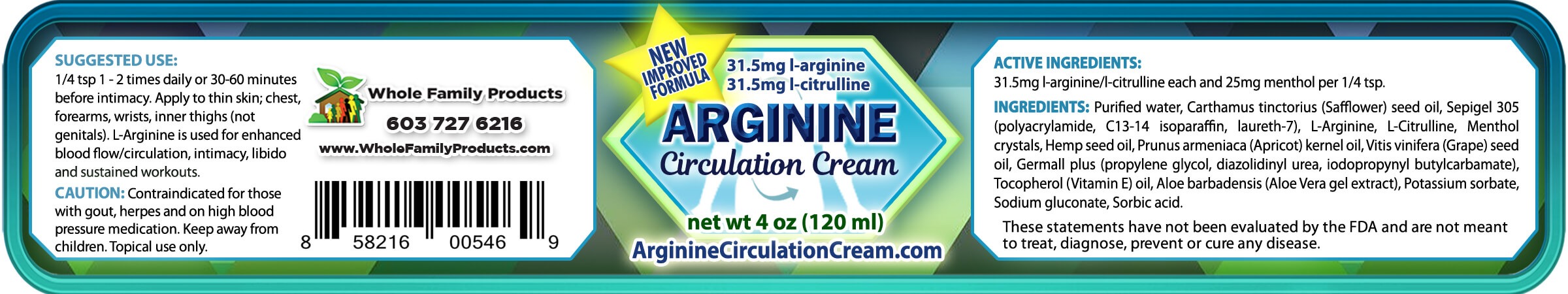 Arginine Circulation Nitric Oxide Libido and Nerve Pain Cream 5 Arginine Circulation Cream Product Label 4oz Jar