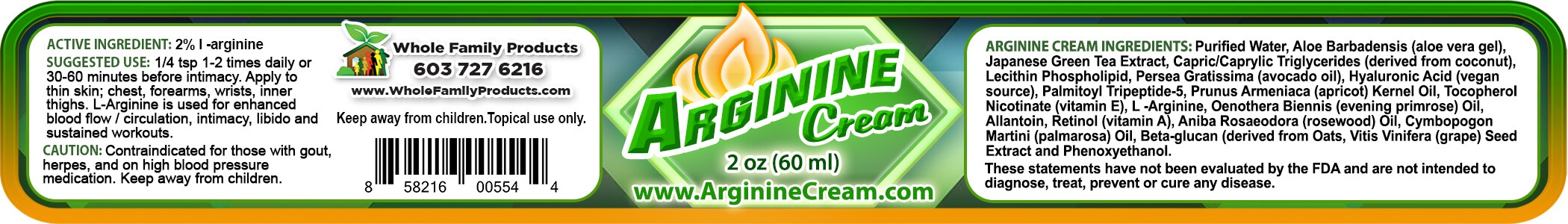 Arginine Circulation Nitric Oxide Libido and Nerve Pain Cream 6 Arginine Cream 2% L Arginine 2oz Jar Product Label