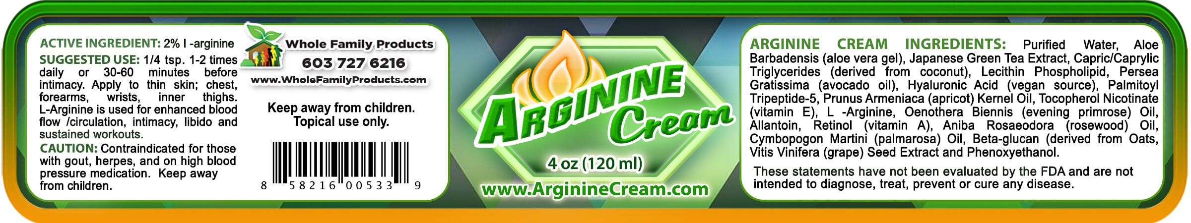 Arginine Circulation Nitric Oxide Libido and Nerve Pain Cream 7 Arginine Cream 2% L Arginine 4oz Jar Product Label