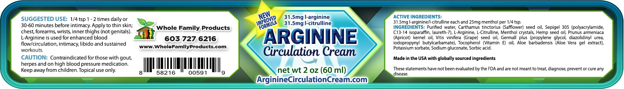Arginine Circulation Cream 2 Arginine Circulation Cream 2oz jar label with L-arginine and menthol for circulation support and nitric oxide release