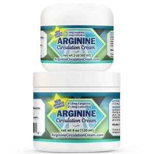 Arginine Circulation Cream in 2oz and 4oz jars showing size comparison with L-arginine topical formula