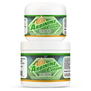 Arginine Cream Maximum Formula 2oz and 4oz jars featuring L-Arginine for nitric oxide, intimacy support, and wellness balance