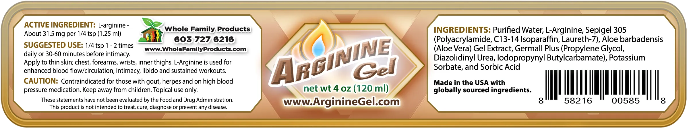 Arginine Gel 2 Arginine gel label featuring a topical L-arginine formula for circulation, blood flow, libido, and sexual support for men and women.