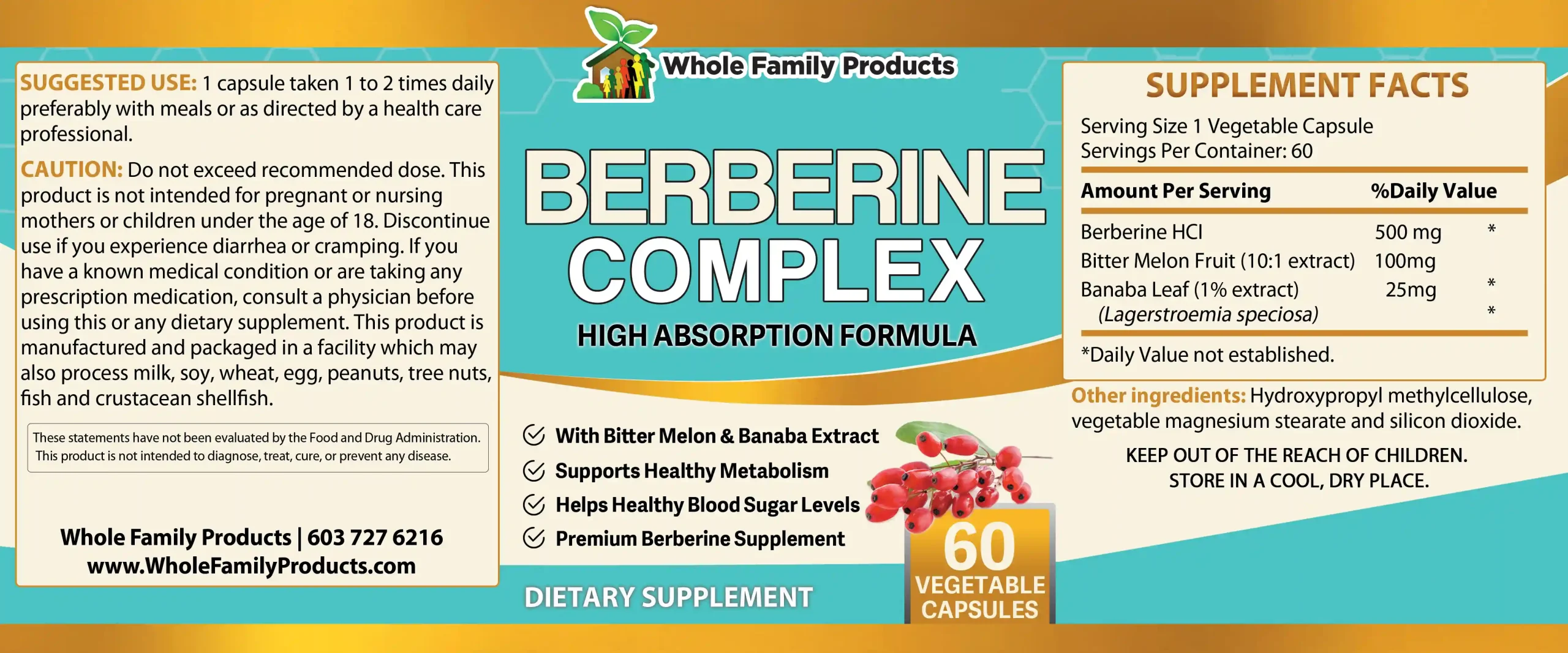 Berberine Complex 2 Berberine Complex 60ct supplement label supports healthy blood sugar, metabolism, heart health, and weight management