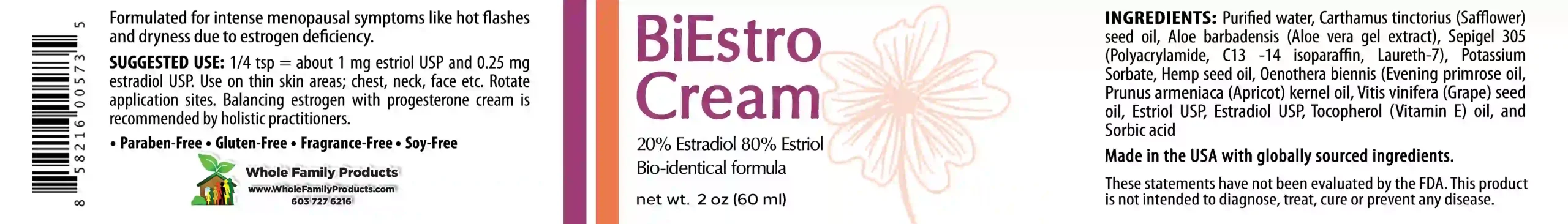 BiEstro Cream 2 BiEstro Cream 2oz jar label with estriol and estradiol for menopause and estrogen balance support