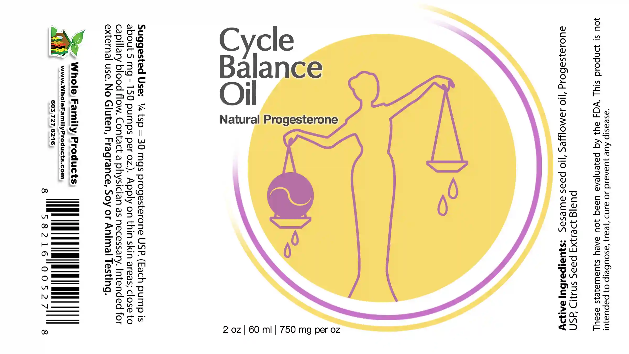Cycle Balance Progesterone Oil 2 Cycle Balance Progesterone Oil 2oz pump bottle with 30mg USP progesterone per 1/4 tsp natural hormone balance