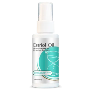 This image shows Estriol Oil in a bottle designed to support women experiencing menopause symptoms such as vaginal dryness, hot flashes, and hormonal imbalance.