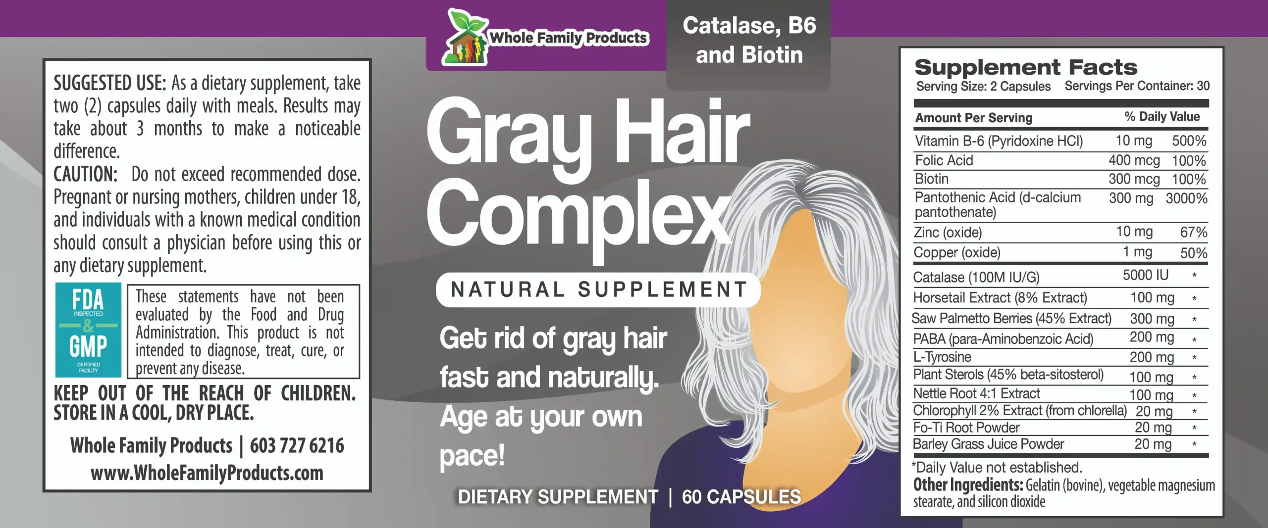 Gray Hair Complex 2 Gray Hair Complex with catalase B6 and biotin natural supplement to manage gray hair