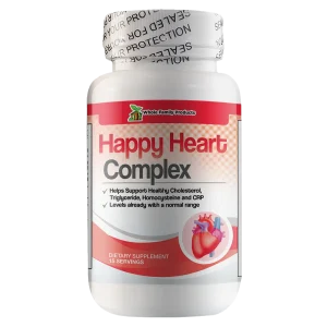 Happy heart complex cardiovascular health supplement bottle featuring a blend of vitamins, minerals, amino acids, antioxidants, and herbal ingredients for heart health support