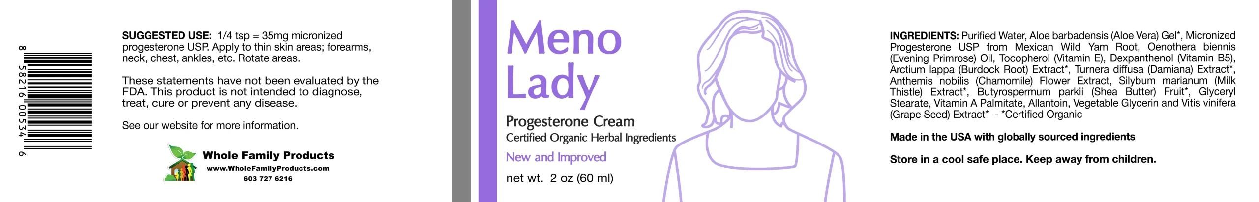 Meno-Lady Progesterone Cream 2 Meno Lady progesterone cream 2oz label showing bioidentical hormone support ingredients and directions