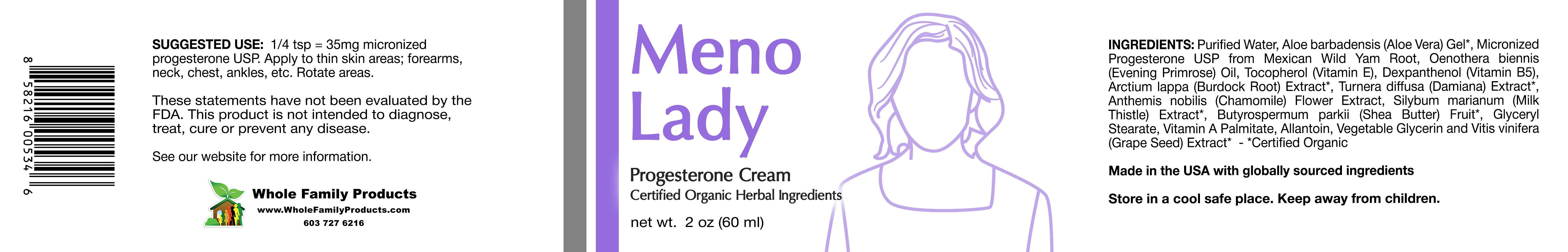 Meno-Lady Progesterone Cream 4 Meno Lady progesterone cream 2oz label showing bioidentical hormone support ingredients and directions