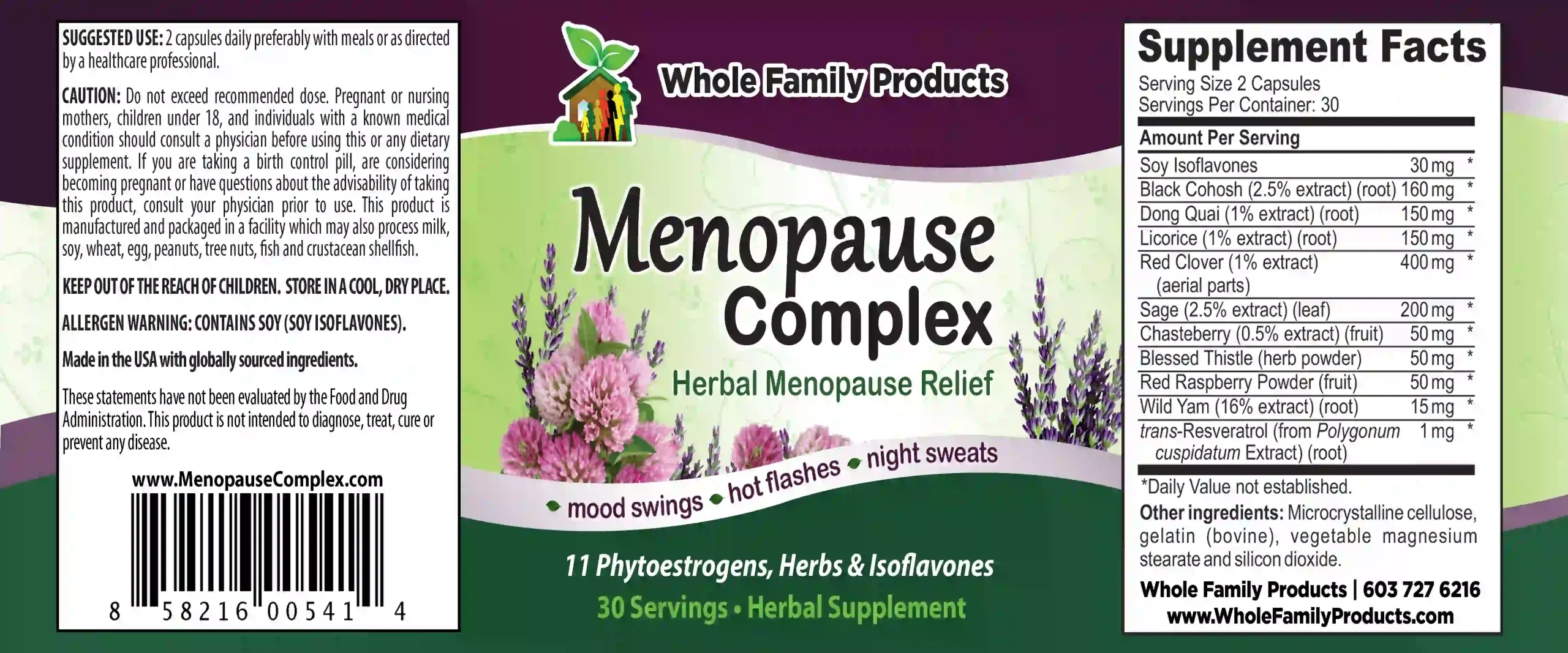 Menopause Complex 2 Menopause Complex herbal supplement label for menopause relief hot flashes night sweats mood swings perimenopause support