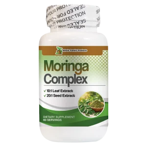 Moringa Complex dietary supplement bottle with 10:1 leaf extract and 20:1 seed extract by Whole Family Products.