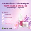 Natural estrogen cream infographic highlighting bioidentical estriol cream, menopause support, hormone balance, and botanical oils.