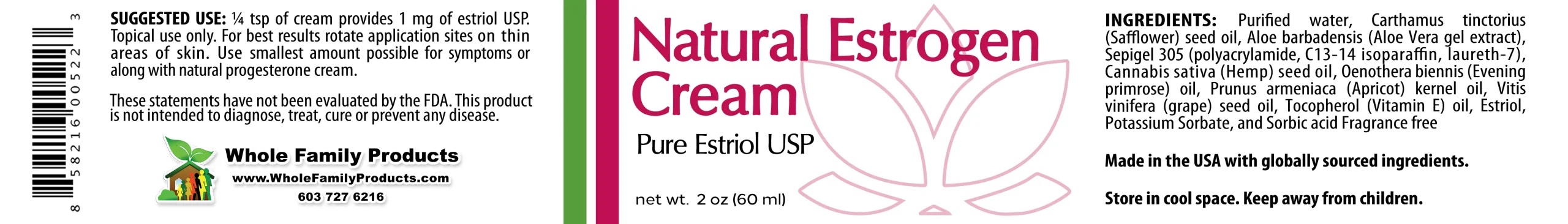 Natural Estrogen Cream 2 Natural Estrogen Cream 2oz jar label showing estriol USP and menopause support formula ingredients