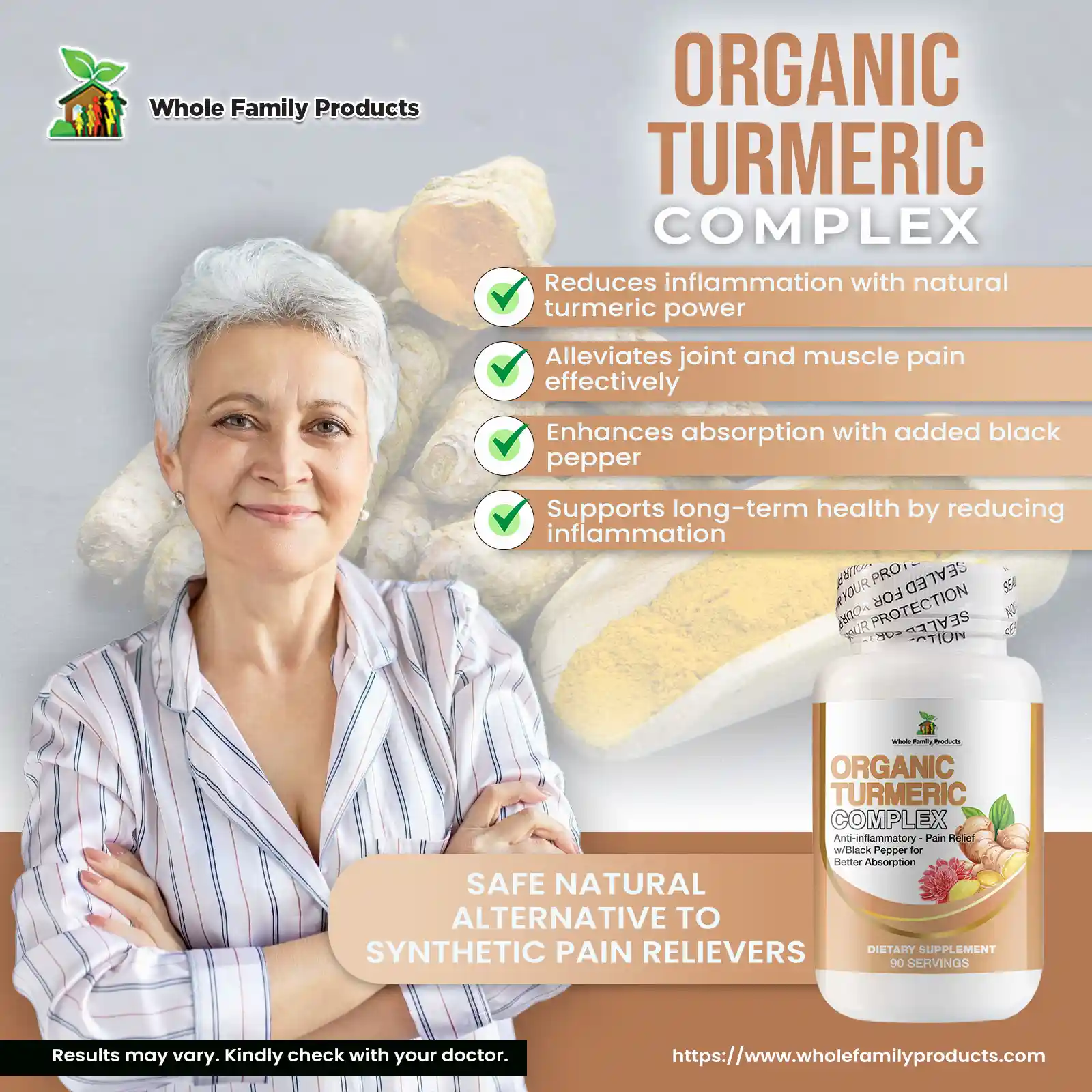 How to Relieve Menstrual Cramps Naturally - Hello to Pain-Free Periods! 1 Organic Turmeric Complex benefits infographic showing natural inflammation and antioxidant support