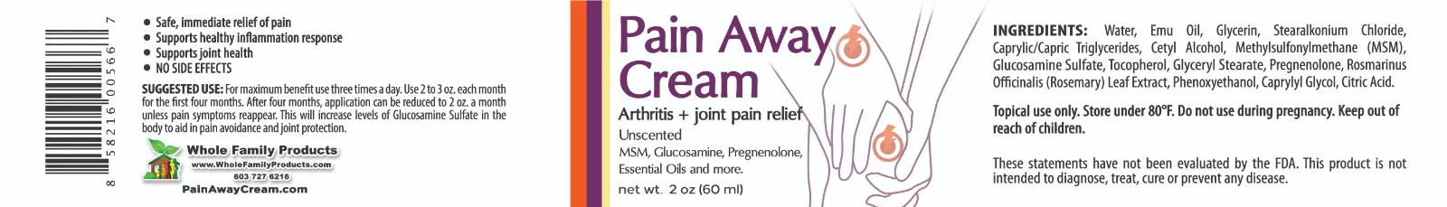 Original Pain Away Cream 3 Pain Away Cream 2oz Jar Unscented - WFP Product label
