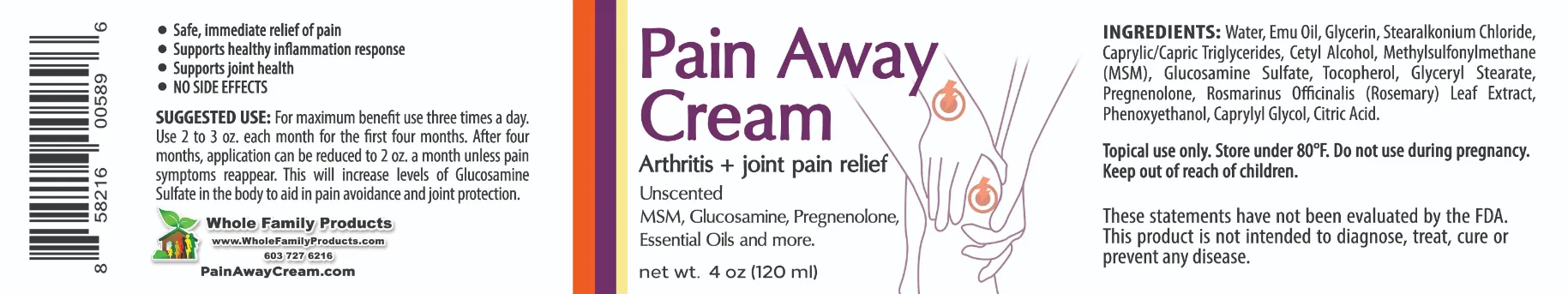 Original Pain Away Cream 4 Pain Away Cream Unscented 4oz Jar WFP Product label