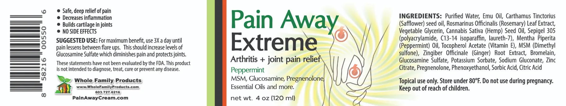 Pain Away Cream 5 Pain Away Extreme 4oz Jar - WFP Product label