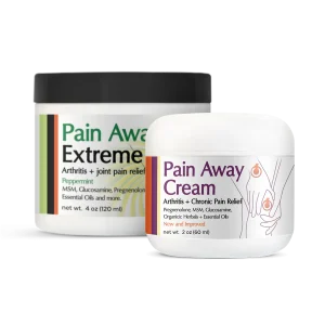 Pain Away Cream improved organic and Pain Away Extreme jars showing arthritis and joint pain relief formulas with MSM glucosamine and essential oils