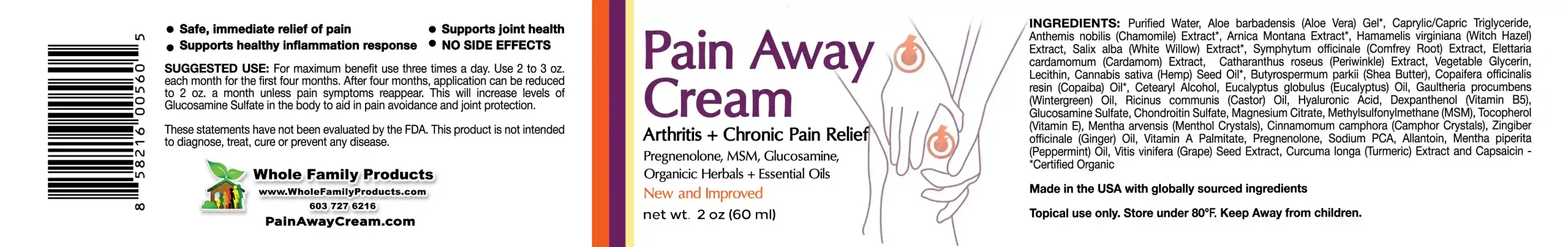 Pain Away Cream 4 Pain Away Cream improved organic ingredients label showing MSM glucosamine hyaluronic acid copaiba and herbal formula for joint comfort