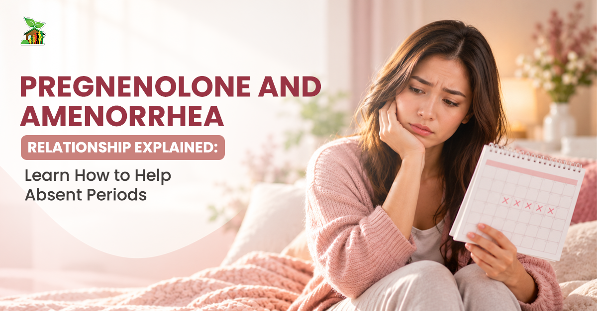 Pregnenolone and Amenorrhea Relationship Explained – Article Design copy Graphic titled Pregnenolone and Amenorrhea Relationship Explained showing a concerned woman holding a marked calendar.