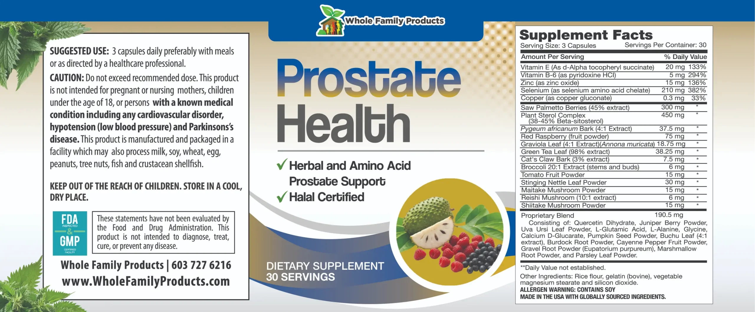 Prostate Health 4 Prostate health supplement label with saw palmetto pygeum zinc and mushroom blend for men's prostate wellness support