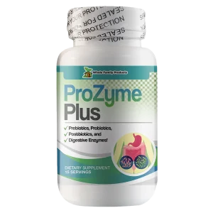 ProZyme Plus probiotic, prebiotic and digestive enzyme supplement formulated to support digestion and gut health.