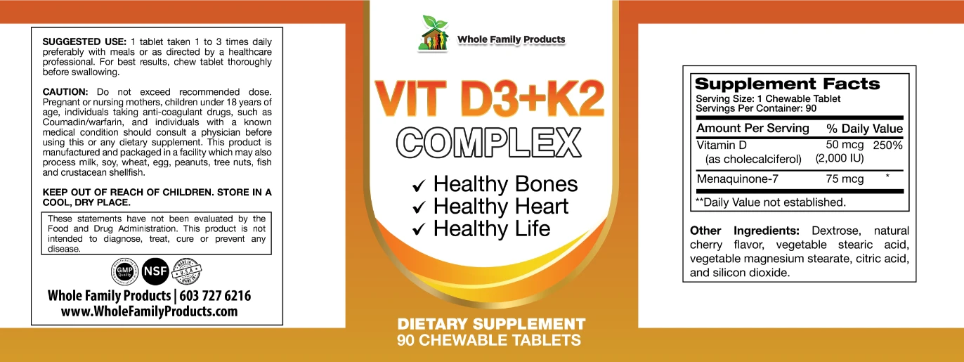 Vit D3 + K2 Complex for Strong Bones and Heart Health 2 Vitamin D3 + K2 Complex strong bones heart health and calcium absorption product label