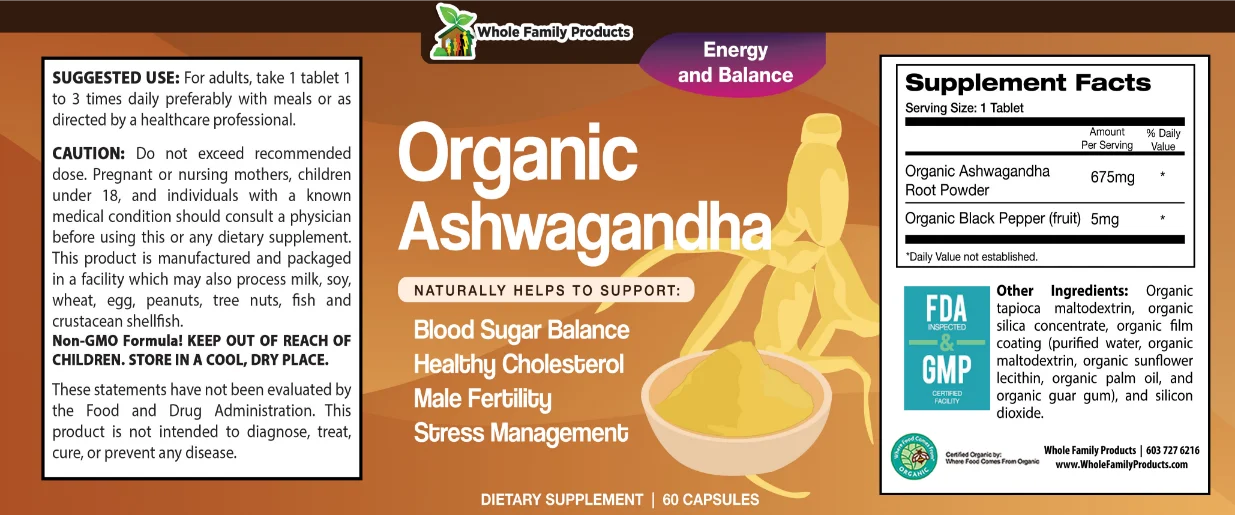 Organic Ashwagandha Adaptogen Tablets 2 Label image of Whole Family Products Organic Ashwagandha 60ct bottle, boosting stamina & immune function.