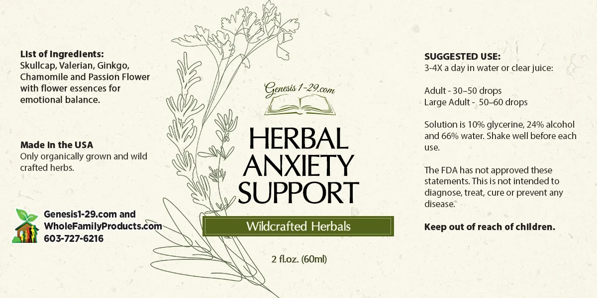 Herbal Anxiety Support 3 Product label for Wildcrafted Herbals Anxiety Support 2 fl oz showing ingredients list, usage directions, and logo.