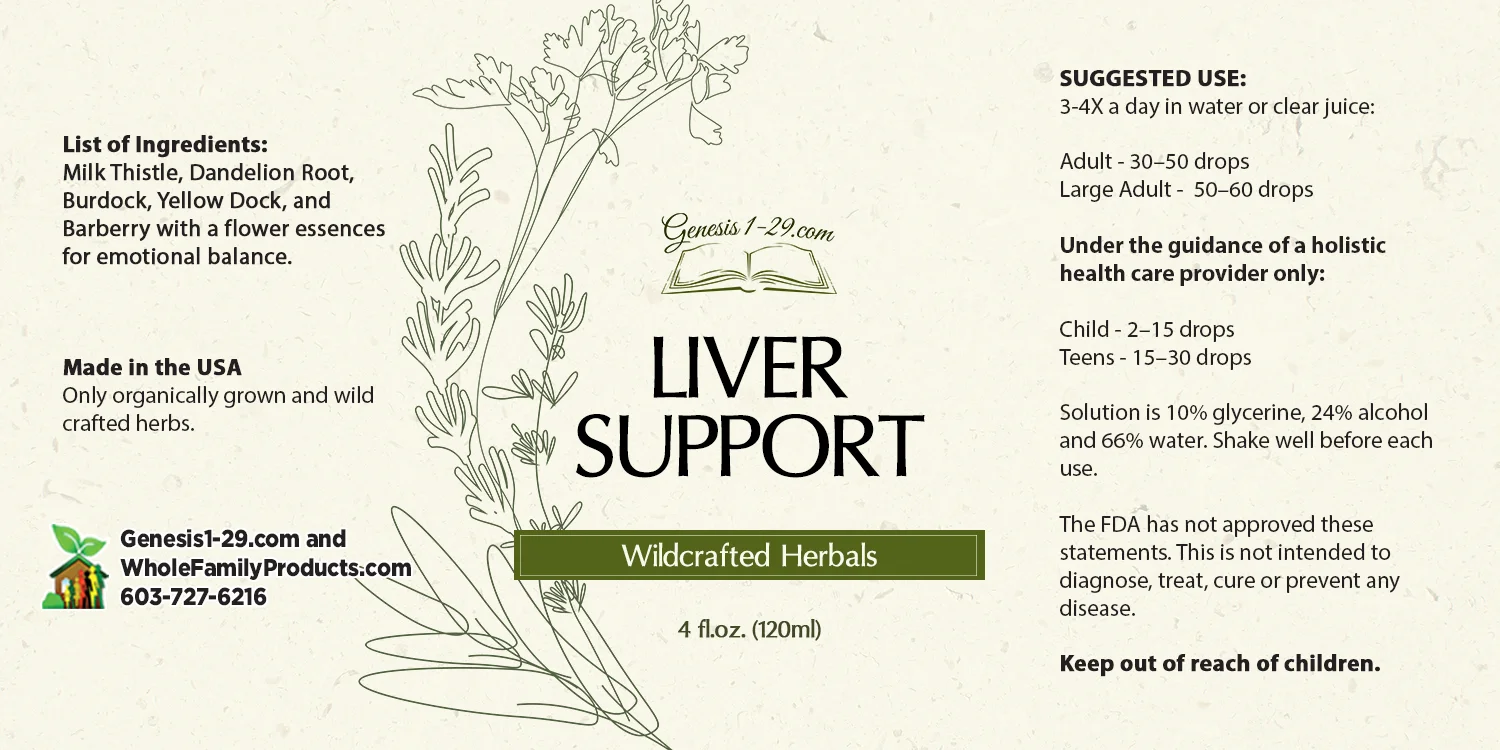 Liver Support 2 Product label for Wildcrafted Herbals Liver Support 4 fl oz showing ingredients list, dosage instructions, and logo.