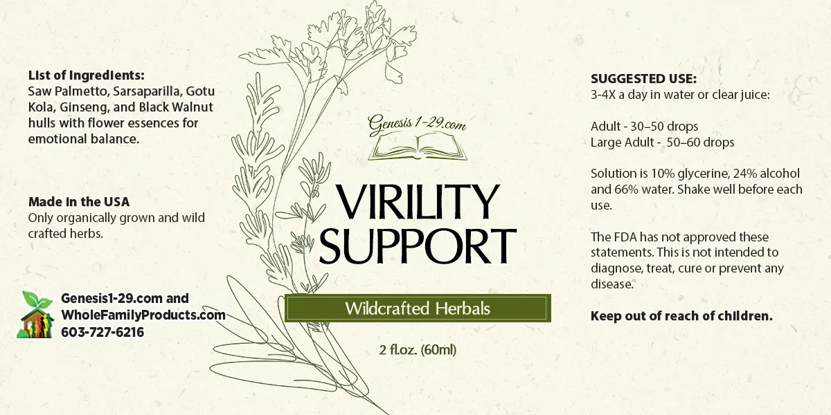Virility Support 2 Product label for Wildcrafted Herbals Virility Support 2 fl oz showing ingredients list, usage directions, and logo.