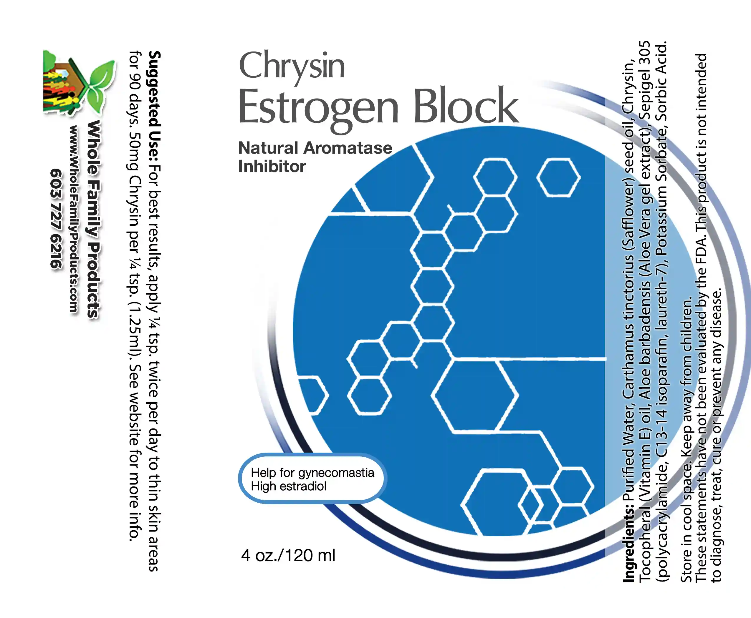 Estrogen Block 2 Estrogen Block cream label with chrysin aromatase inhibitor formula for hormone balance and wellness support
