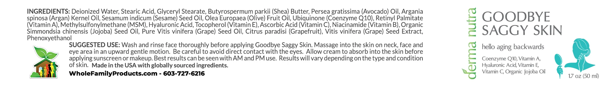 Goodbye Saggy Skin 2 Goodbye Saggy Skin cream label with CoQ10 hyaluronic acid and retinyl palmitate for skin hydration and firmness support