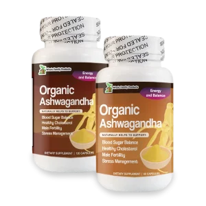 Organic Ashwagandha supplement bottles from Whole Family Products, labeled for energy and balance, highlighting benefits for blood sugar balance, healthy cholesterol, male fertility, and stress management.