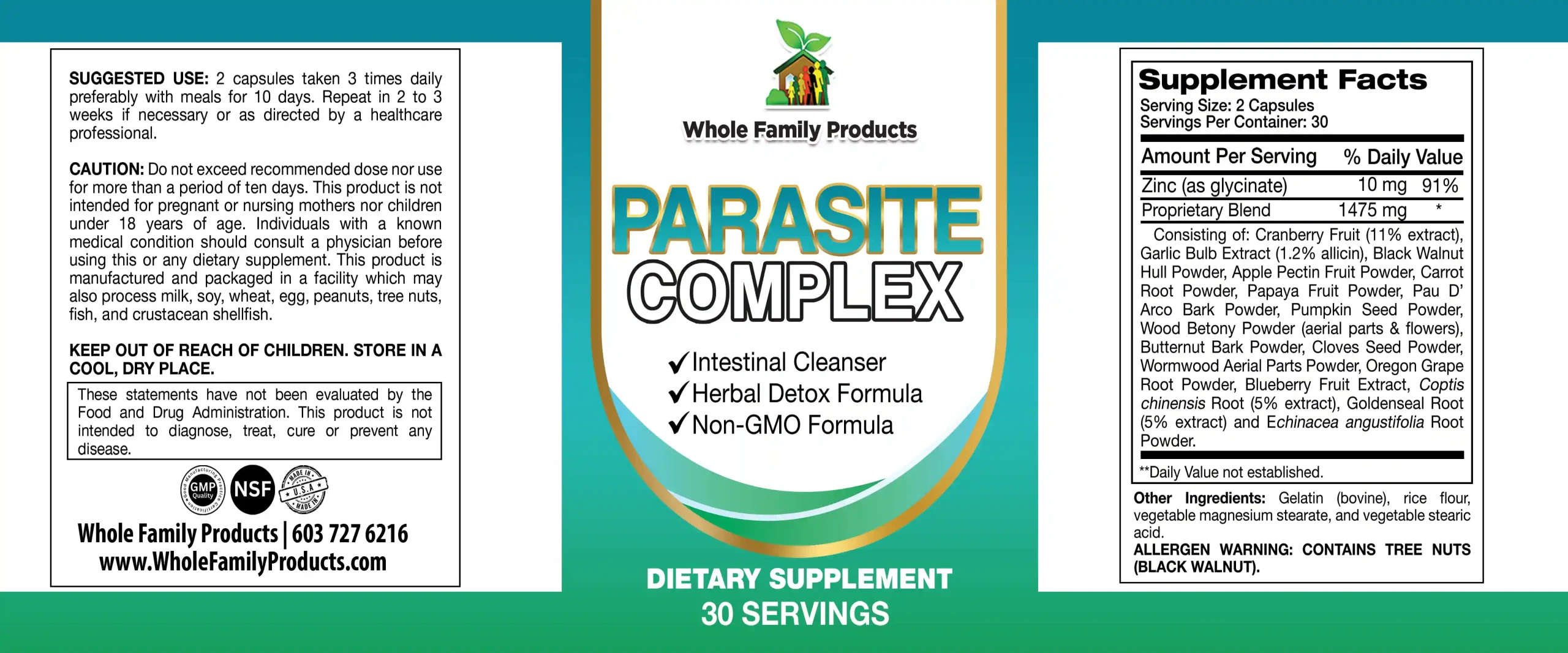 Parasite Complex 2 Parasite Complex supplement label with black walnut garlic cranberry and papaya for digestive and wellness support