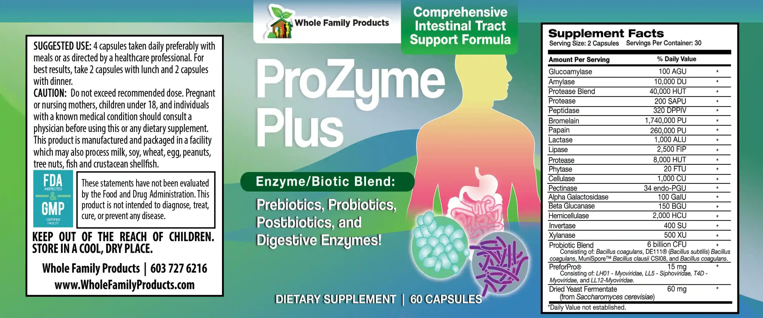 ProZyme Plus Probiotic Prebiotic + Digestive Enzymes 2 ProZyme Plus supplement label with probiotics prebiotics and digestive enzymes for gut health and digestive wellness support