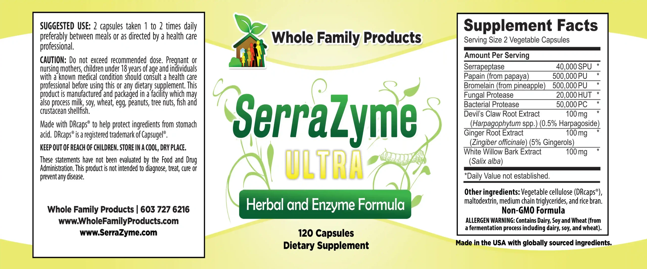 SerraZyme Enzyme and SerraZyme Ultra For Pain and Inflammation 2 SerraZyme Ultra supplement label with serrapeptase systemic enzyme blend for general inflammation support and digestive enzyme wellness