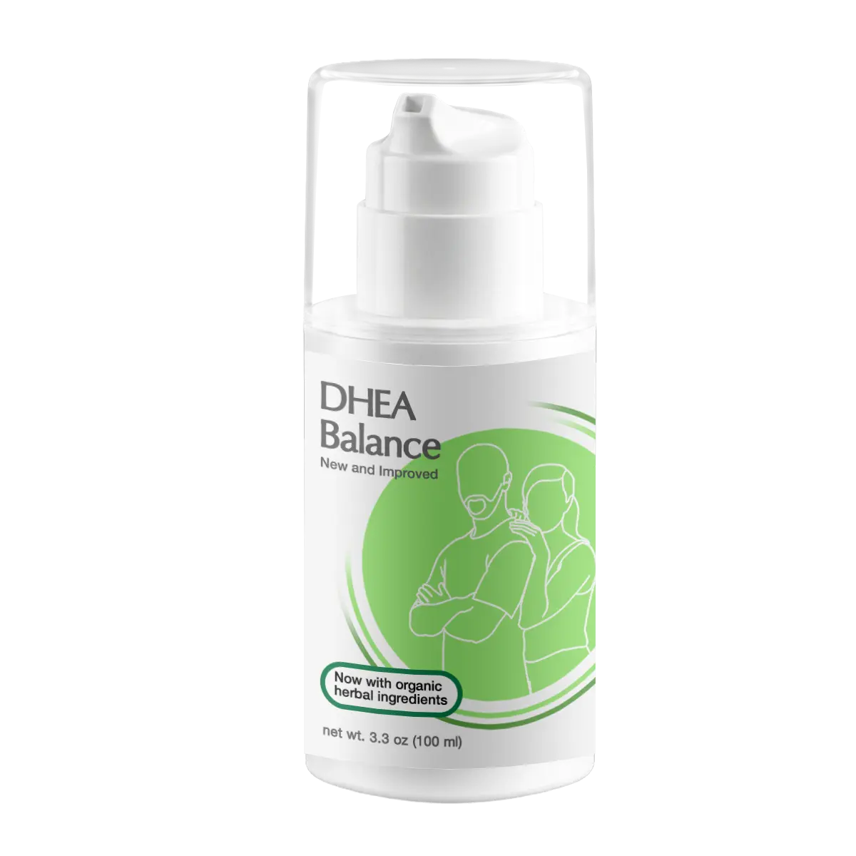 DHEA Balance Cream 1 DHEA Balance pump bottle with a green label, featuring organic herbal ingredients for natural hormone support.