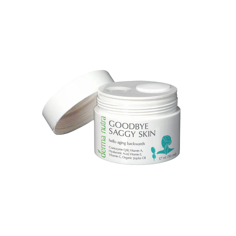 Goodbye Saggy Skin 1 Jar of Derma Nutra Goodbye Saggy Skin cream with CoQ10 and Hyaluronic Acid for firming and anti-aging skin support.
