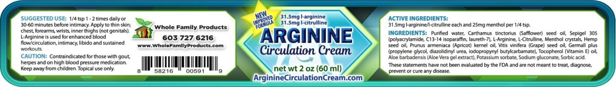 Arginine Circulation Cream Product Label 2oz Jar